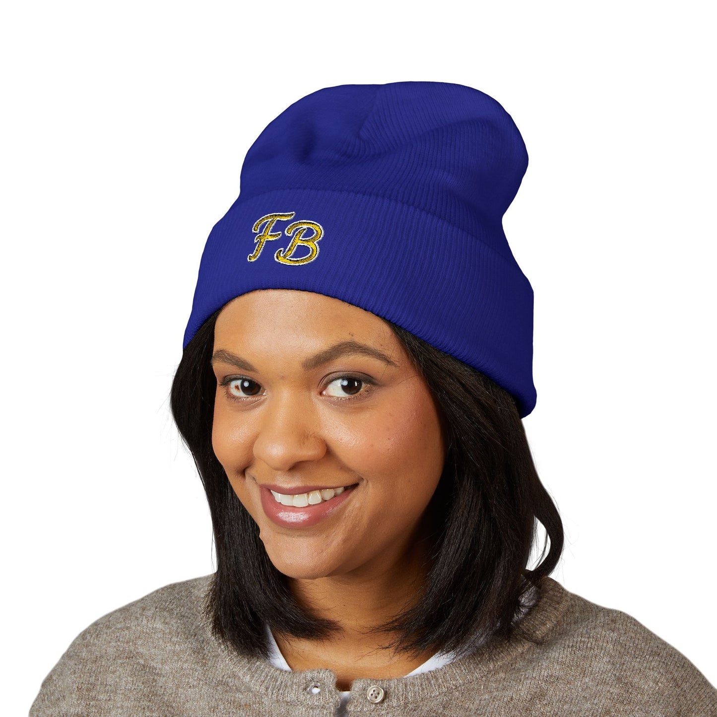 Embroidered 'FB' Cuffed Beanie - Classic Knit Winter Hat